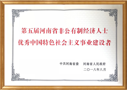 姚总获“河南省非公有制经济人士优秀中国特色社会主义建设者”荣誉称号